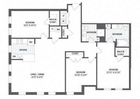 Floor plan for 3 beds, 2 baths, 1318 sqft